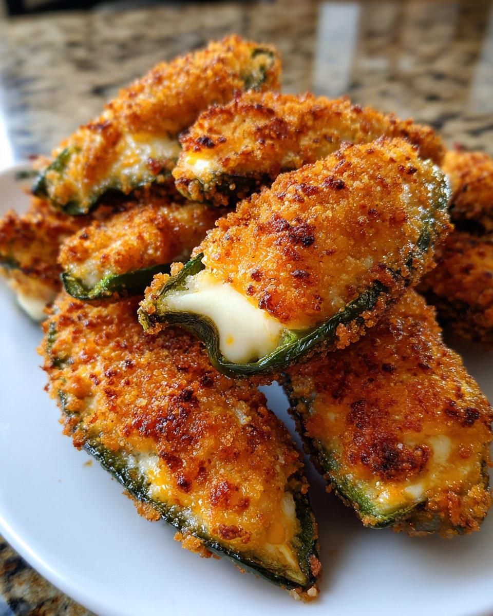 A pile of golden brown, crispy Air Fryer Jalapeno Poppers stuffed with melted cheese.