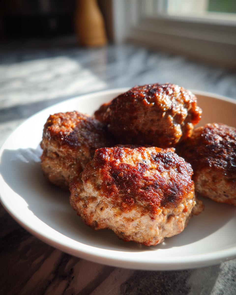 Four golden-brown, slightly charred Air Fryer Meatballs resting on a white plate in bright sunlight.