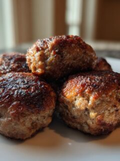 Close-up of several perfectly cooked, browned Air Fryer Meatballs stacked on a white plate.