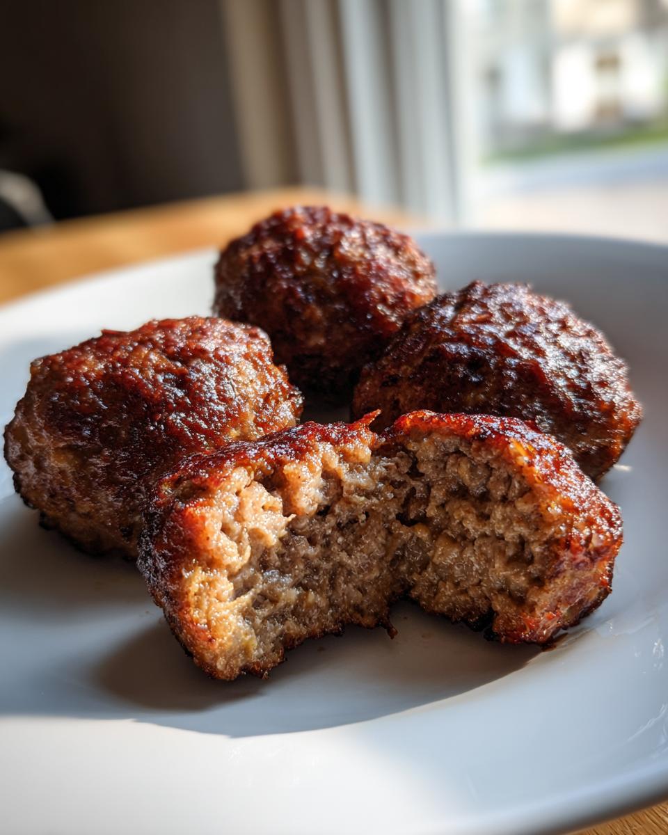 Four browned Air Fryer Meatballs on a white plate, one cut open showing the juicy interior.