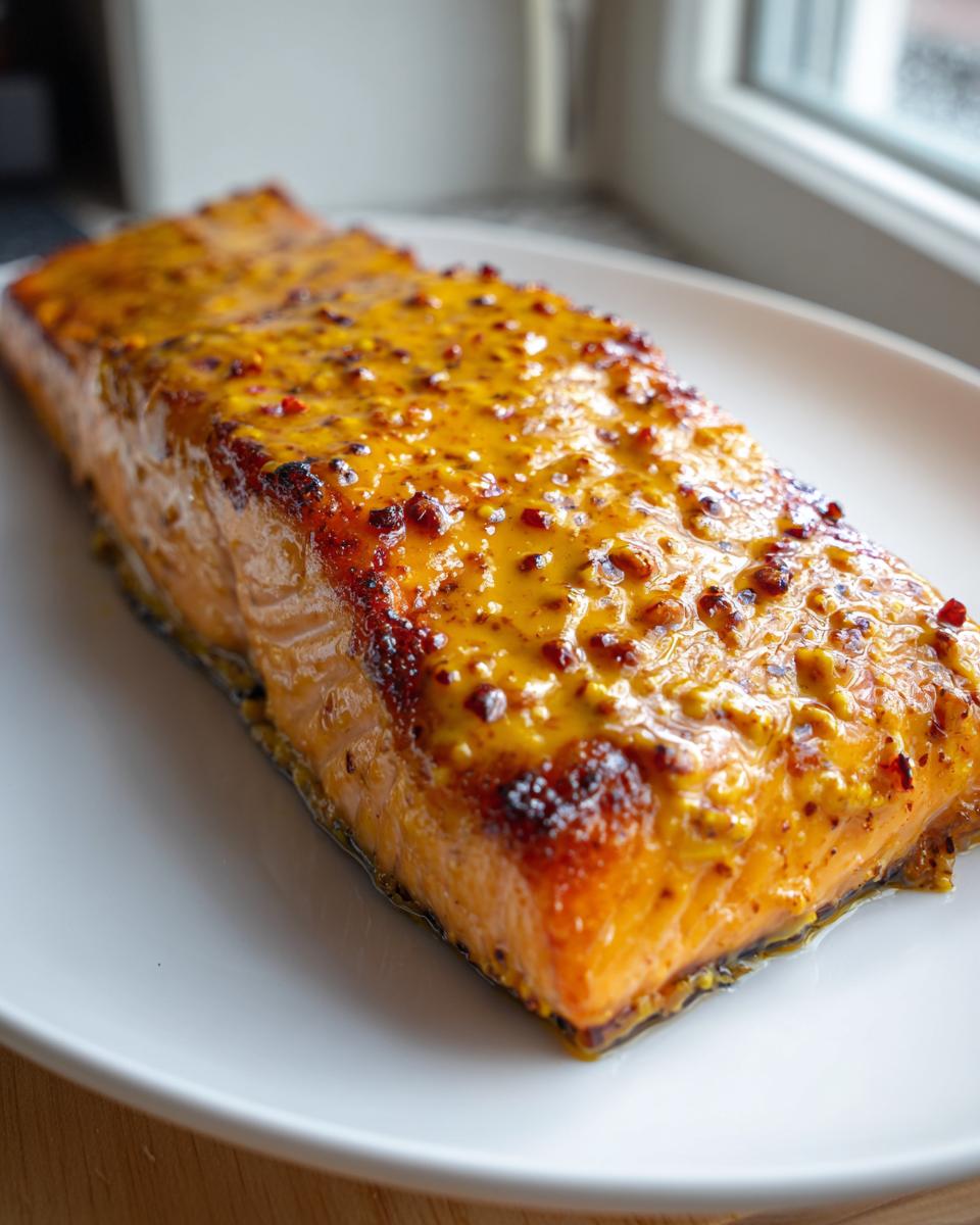 A close-up of a perfectly cooked Air Fryer Mustard Salmon fillet glazed with whole grain mustard, resting on a white plate.