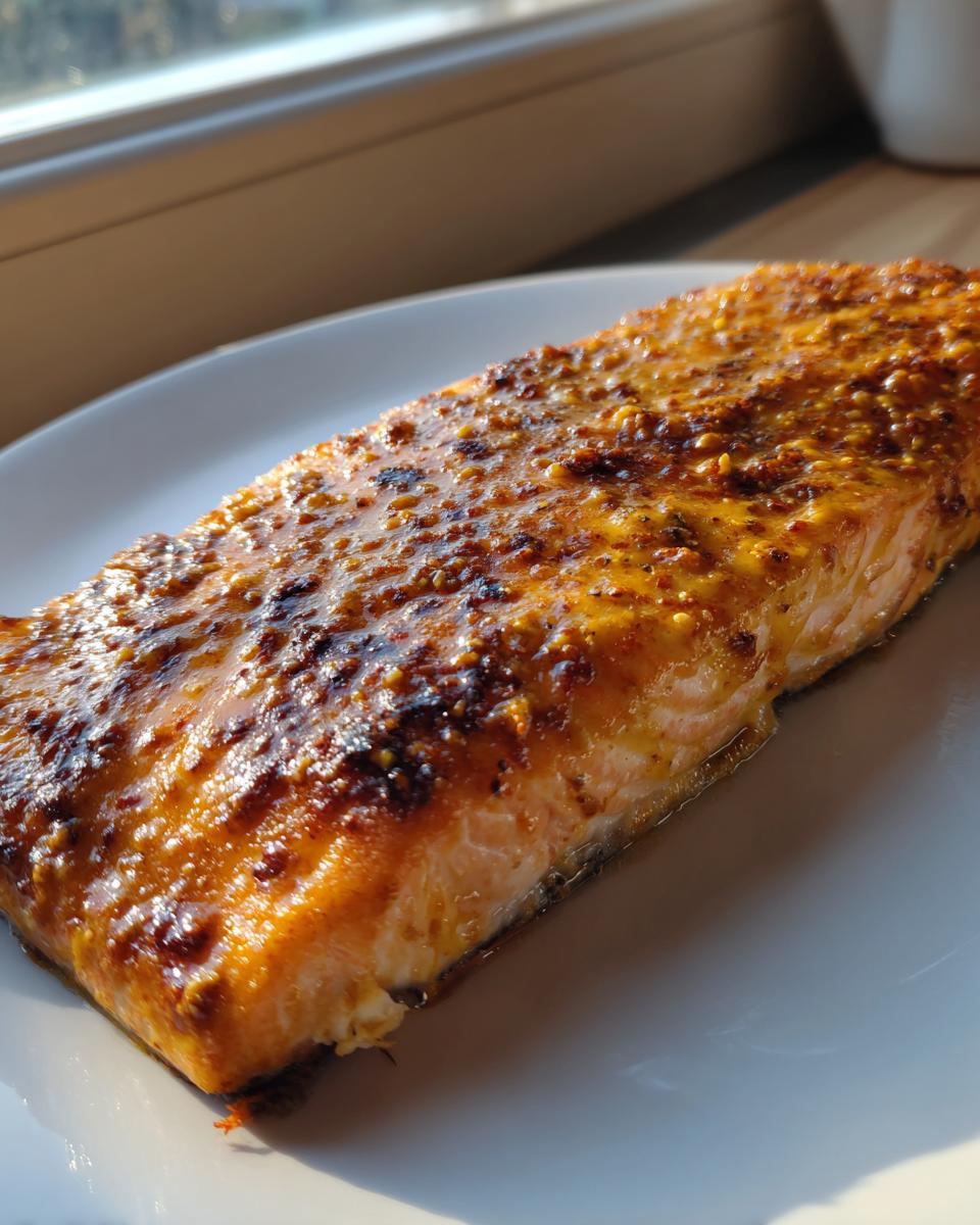 Close-up of a flaky salmon fillet coated in a golden, grainy mustard glaze, ready to eat after being cooked in the air fryer.