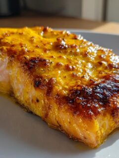 Close-up of a perfectly cooked Air Fryer Mustard Salmon fillet with a golden, caramelized mustard crust on a white plate.