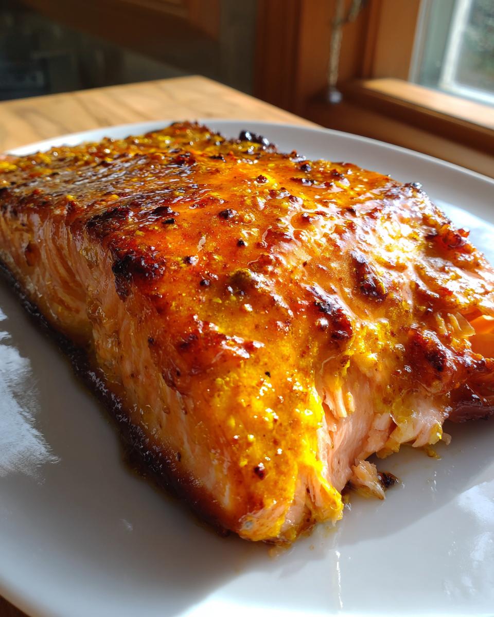 Close-up of a flaky, cooked salmon fillet with a thick, glossy orange-yellow mustard glaze, served on a white plate.