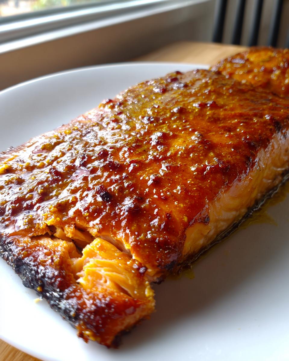 Close-up of a flaky, glazed Air Fryer Mustard Salmon fillet resting on a white plate, showing caramelized edges.