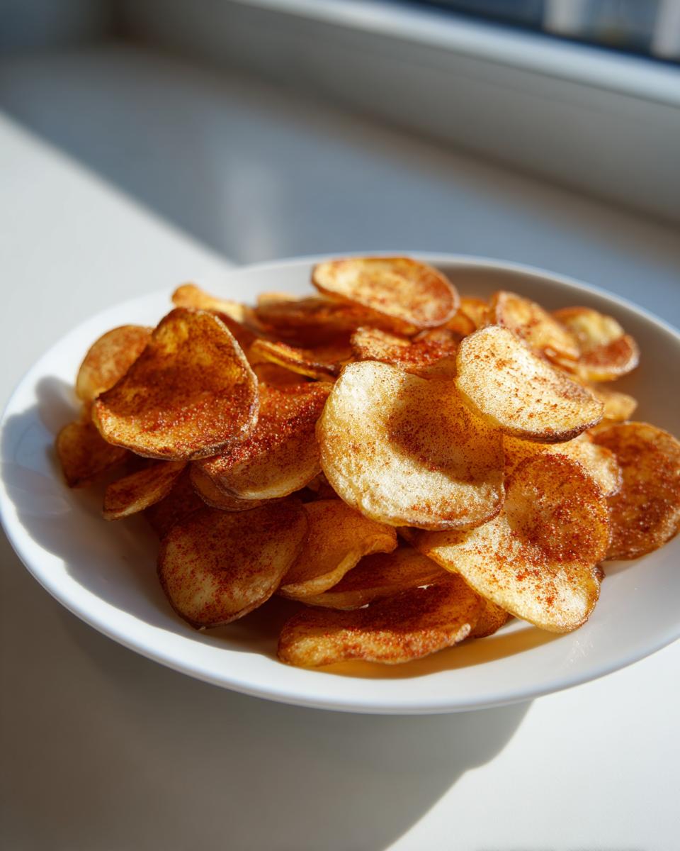 A white bowl filled with golden, crispy Air Fryer Potato Chips dusted liberally with red paprika seasoning.
