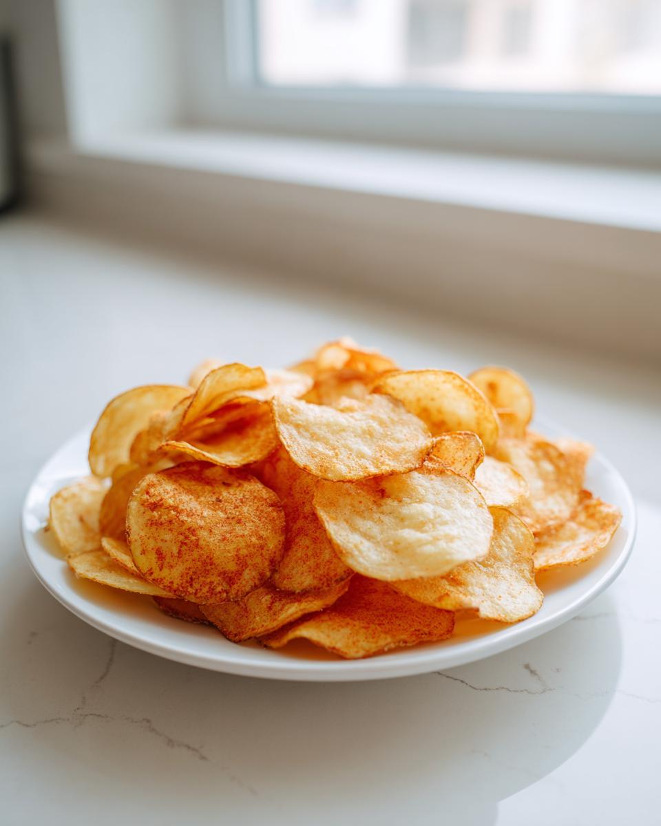 A white plate piled high with crispy, golden Air Fryer Potato Chips, some seasoned with paprika, set on a bright countertop.