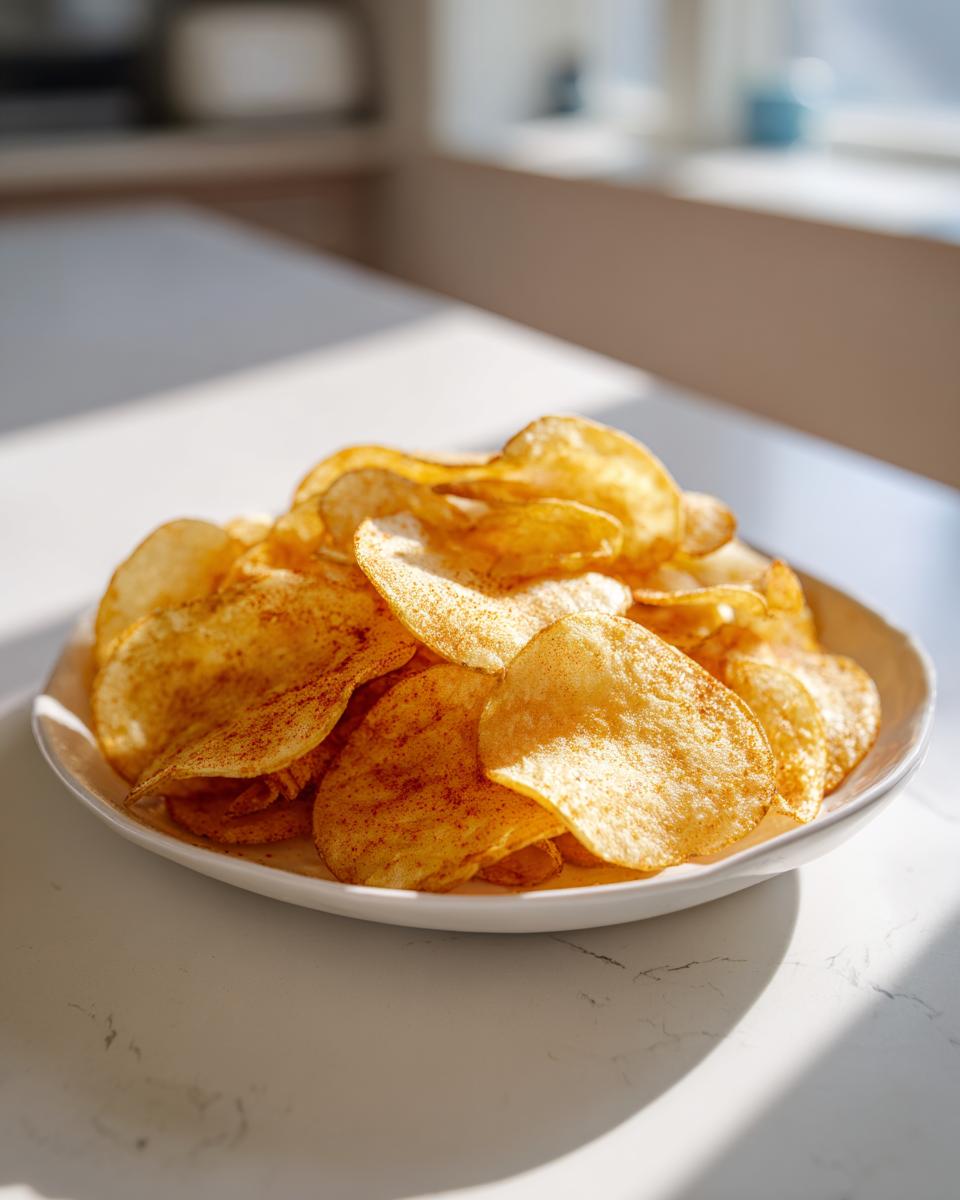 A white bowl filled with golden, seasoned Air Fryer Potato Chips, brightly lit by sunlight.