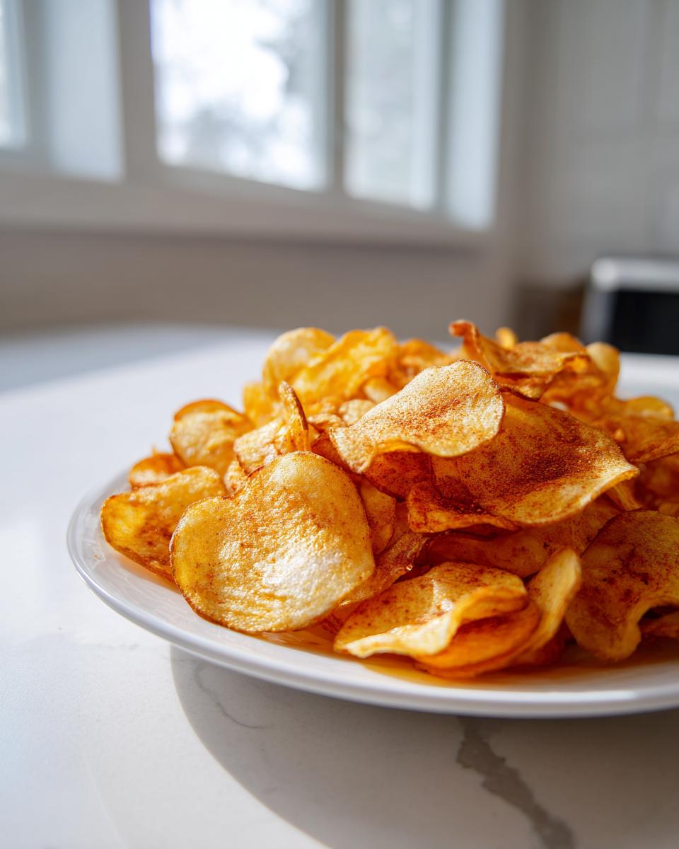 A white plate piled high with golden, seasoned Air Fryer Potato Chips, catching bright sunlight.