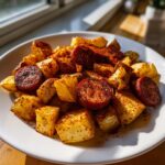 Close-up of crispy, seasoned potatoes and sliced sausage served on a white plate, ready for Air Fryer Sausage And Potatoes.