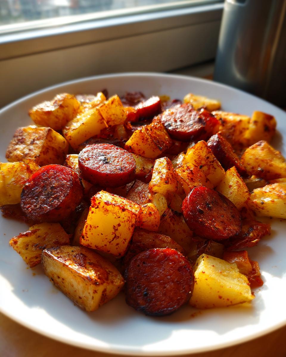 Close-up of crispy, seasoned potatoes mixed with browned slices of sausage, served on a white plate.