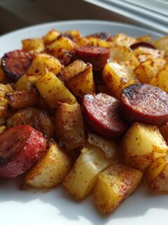 Close-up of perfectly cooked Air Fryer Sausage and Potatoes, seasoned and golden brown on a white plate.