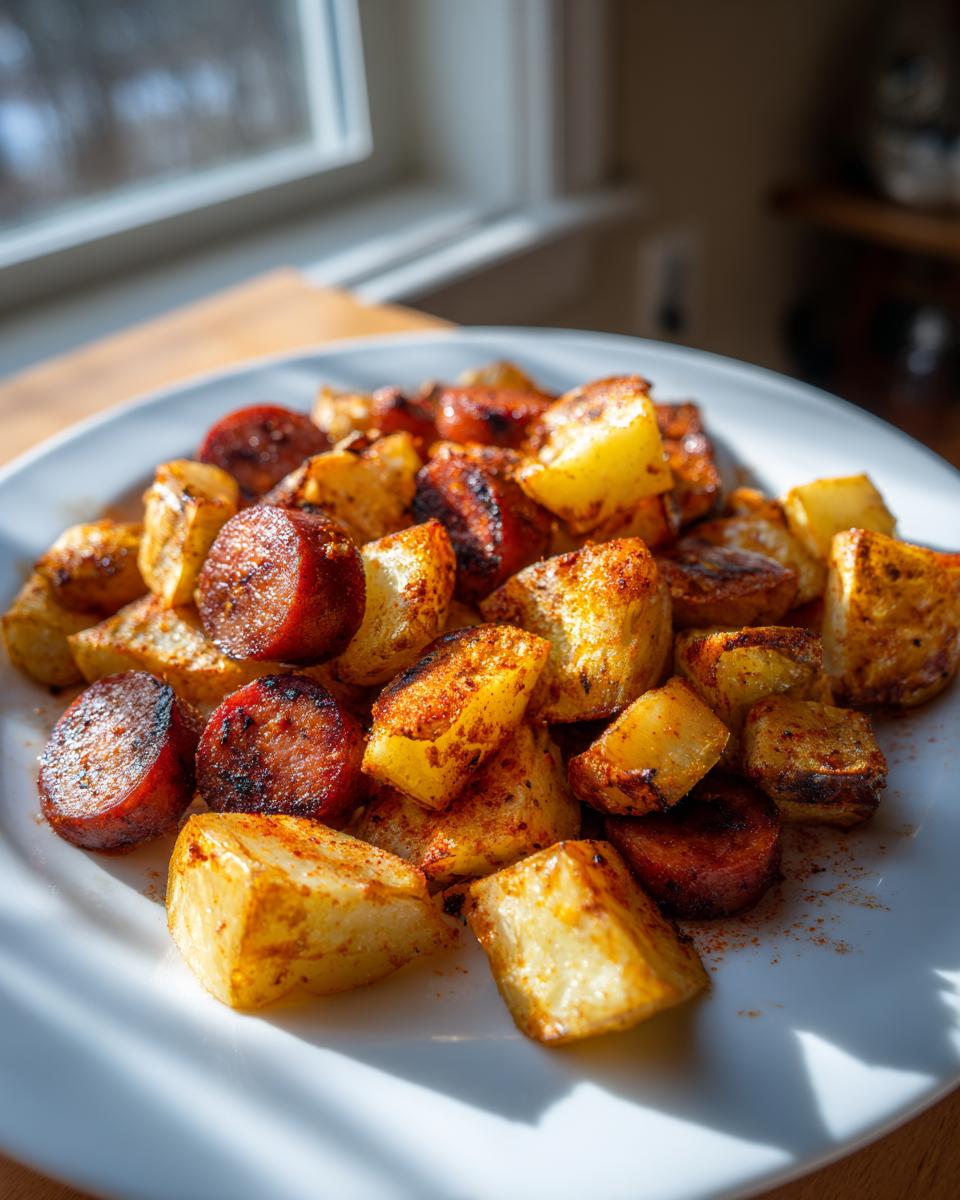 Close-up of crispy, seasoned potatoes and sliced sausage served on a white plate, perfect for Air Fryer Sausage And Potatoes.