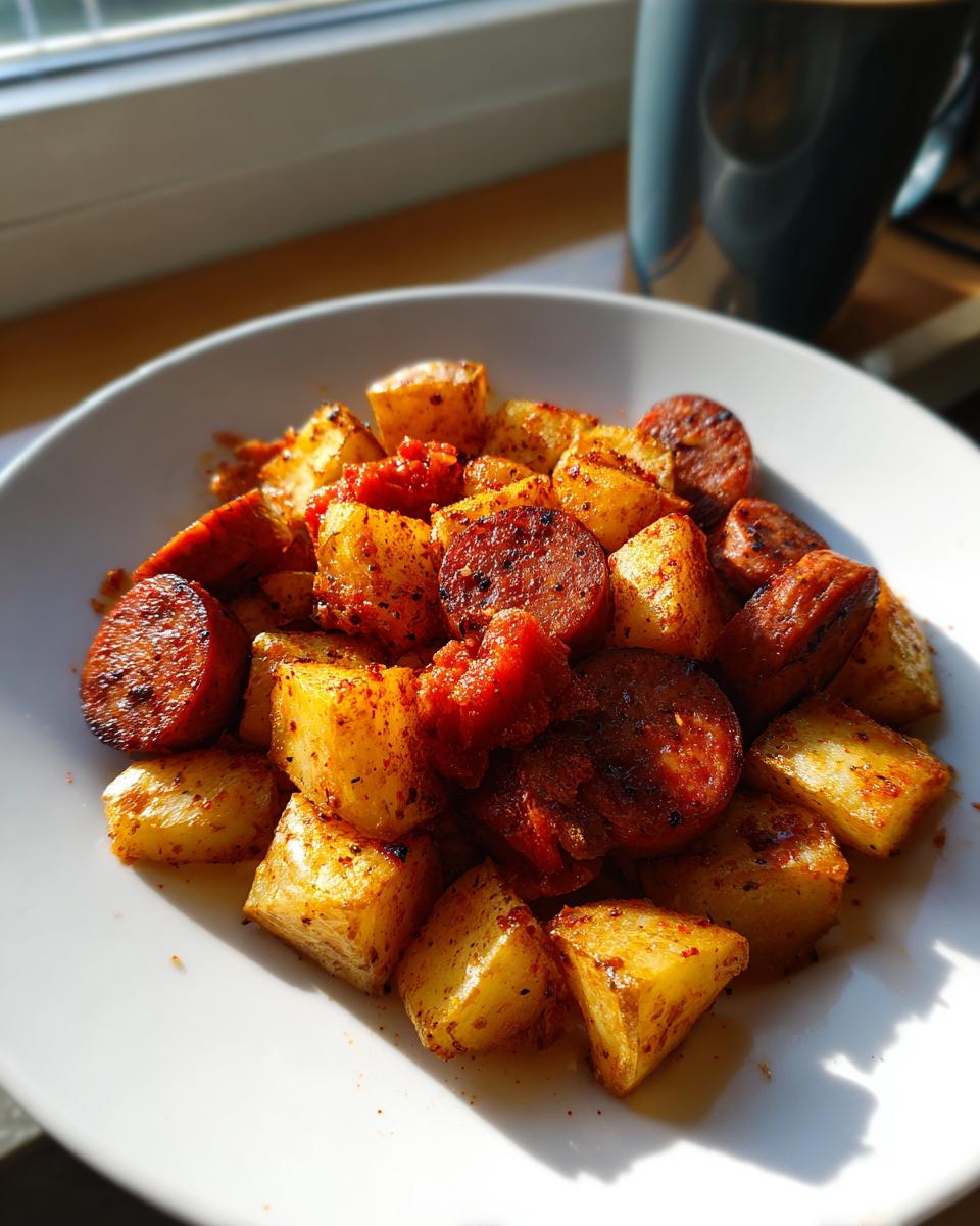 A white plate filled with seasoned, cubed potatoes and sliced, browned sausage, prepared as Air Fryer Sausage And Potatoes.