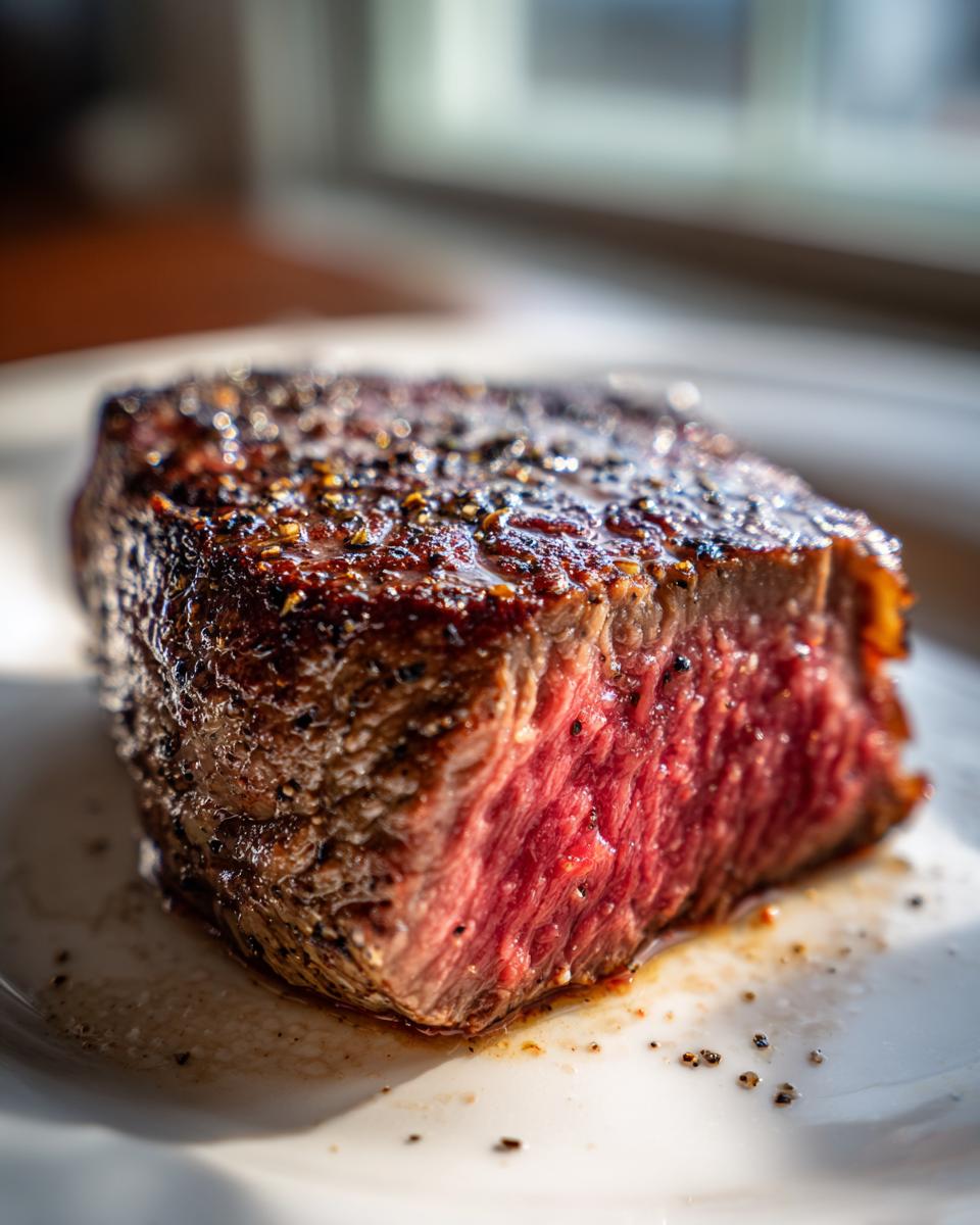Close-up of a perfectly cooked Air Fryer Steak, showing a dark, seasoned crust and a juicy, medium-rare pink center.