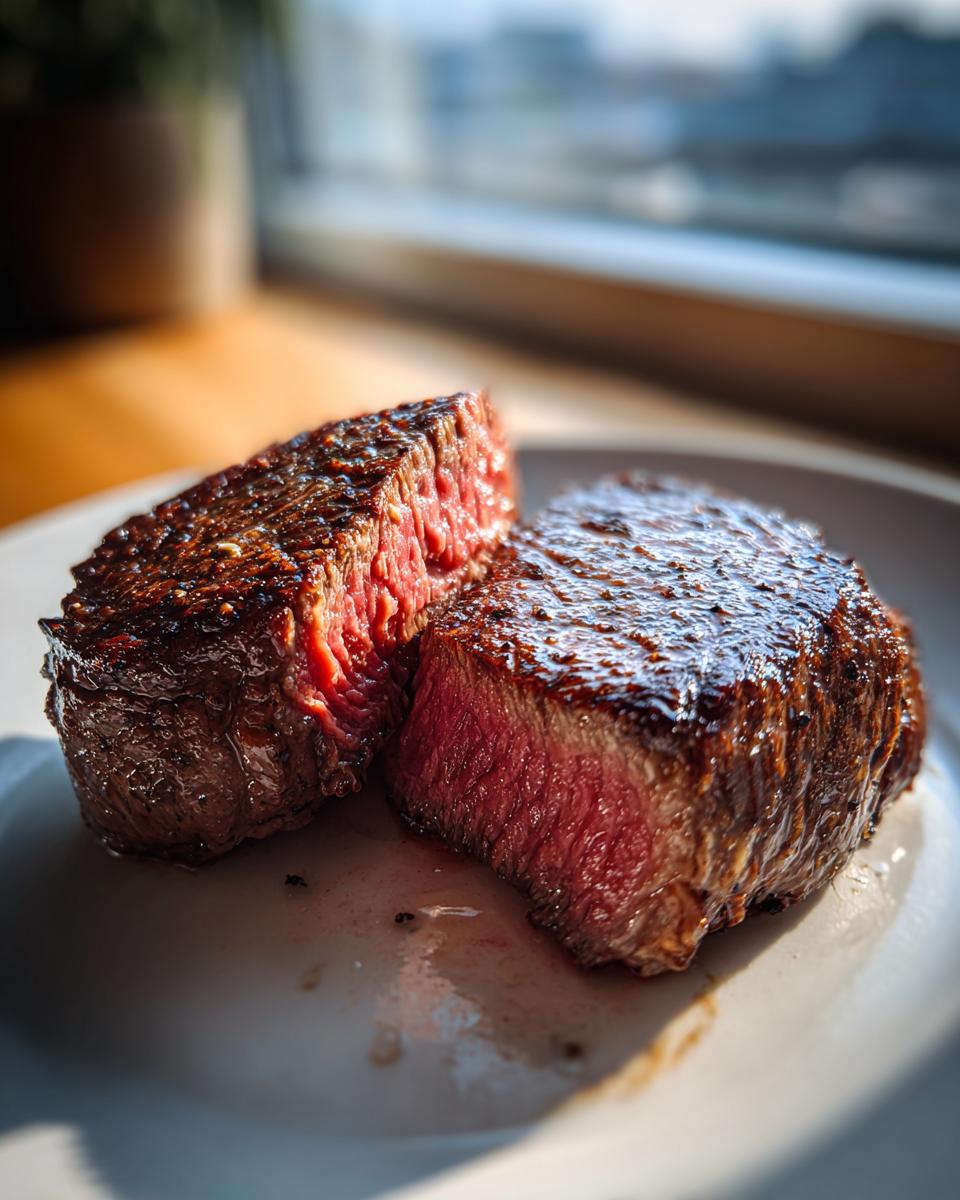Two thick cuts of medium-rare Air Fryer Steak resting on a white plate, showing a deep sear and juicy pink center.