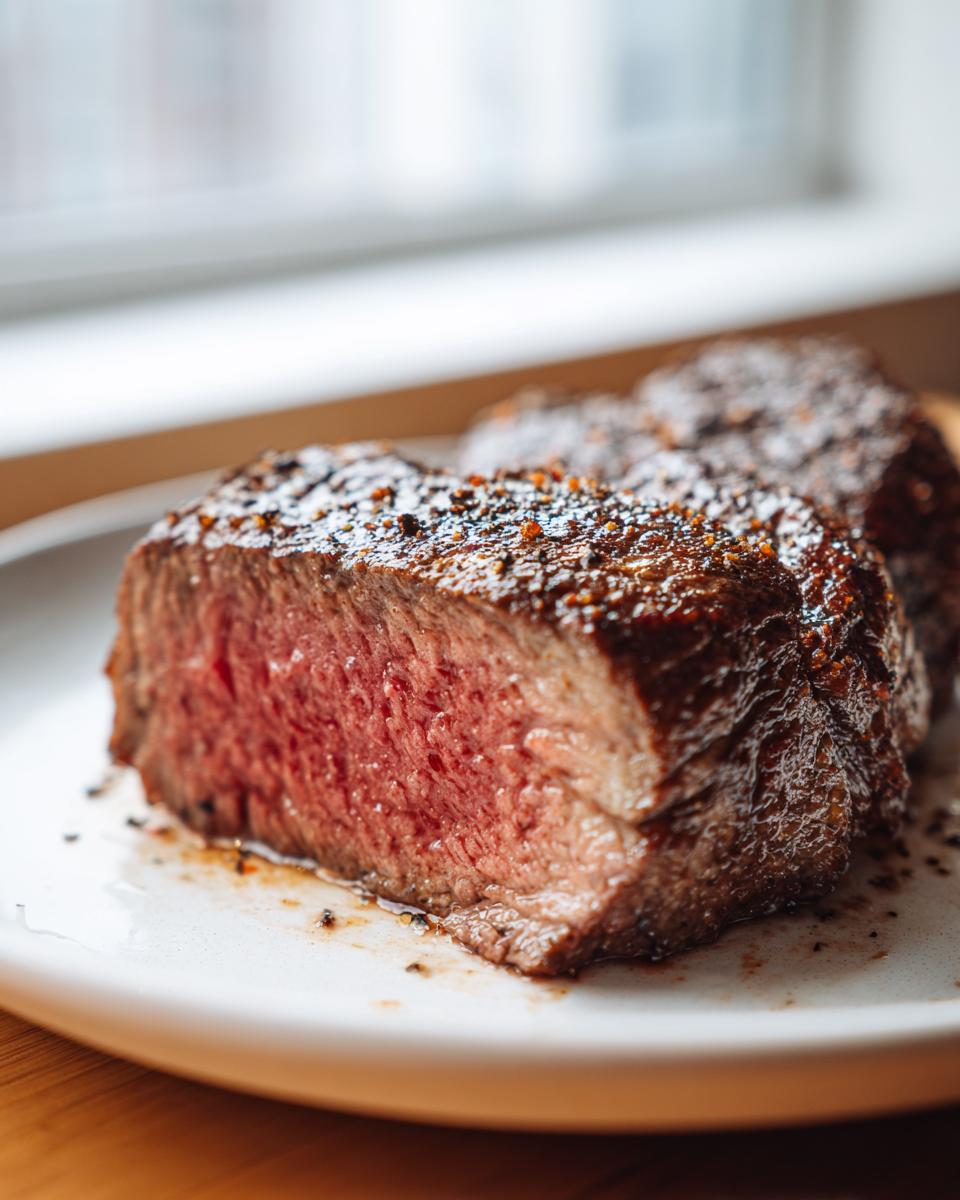 Close-up of a perfectly cooked medium-rare Air Fryer Steak, showing a juicy pink center and a dark, seasoned crust.