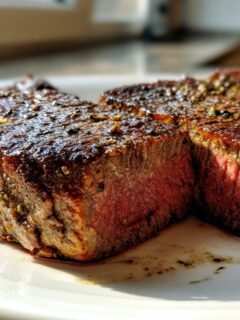 Close-up of a thick, seasoned Air Fryer Steak cut in half, showing a juicy, medium-rare pink center.