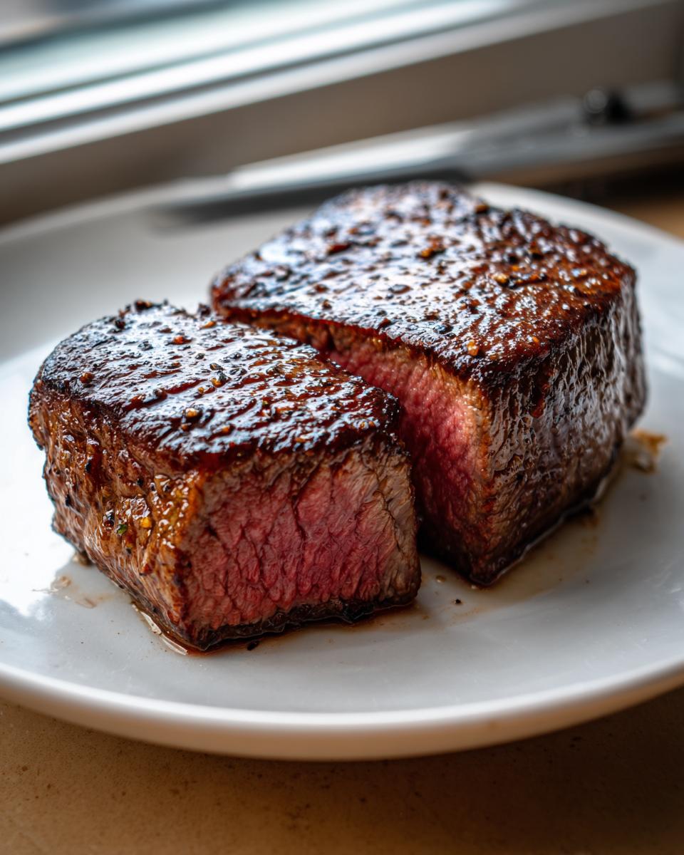 Close-up of a perfectly cooked medium-rare Air Fryer Steak, sliced in half to show the juicy pink center.