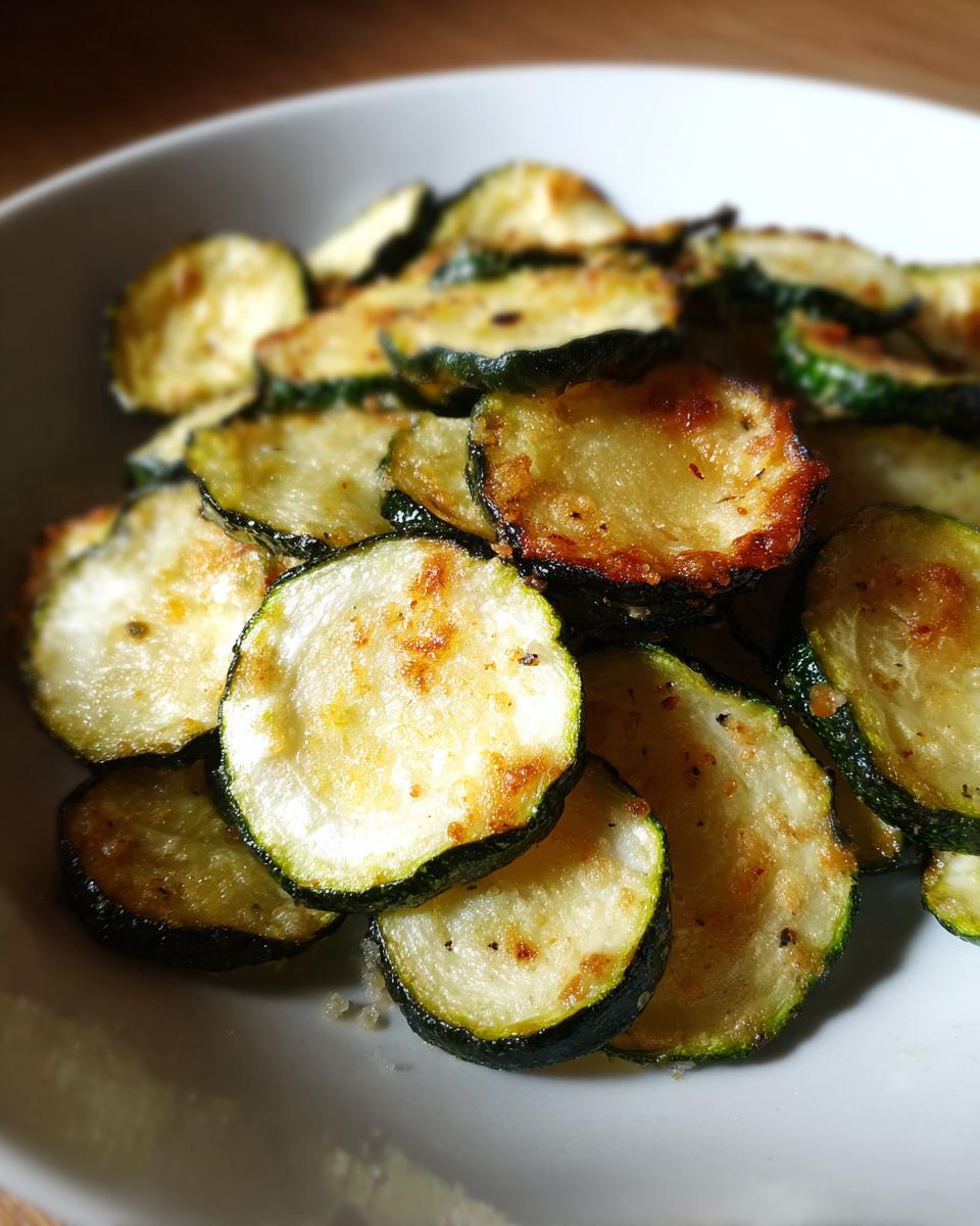 Close-up of golden brown, seasoned Air Fryer Zucchini Crisps piled in a white bowl.