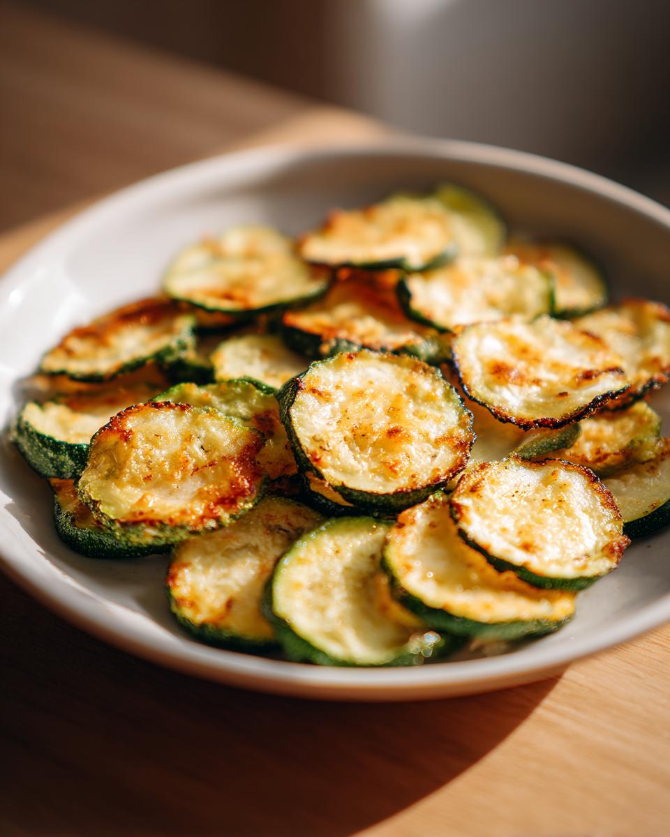 Close-up of crispy, golden-brown Air Fryer Zucchini Crisps piled high in a light-colored bowl.