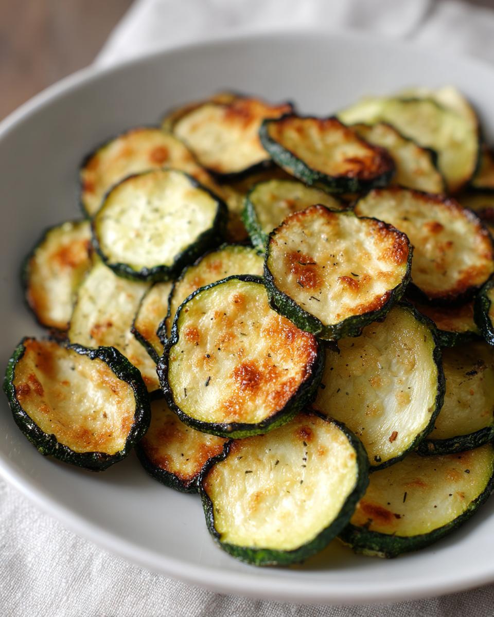 A close-up of golden brown, cheesy Air Fryer Zucchini Crisps piled high in a light gray bowl.
