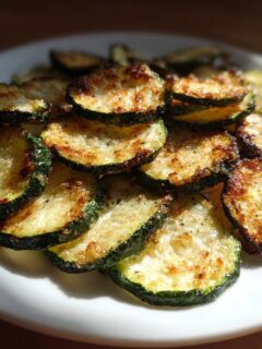 A pile of golden brown, crispy Air Fryer Zucchini Crisps seasoned with herbs on a white plate.