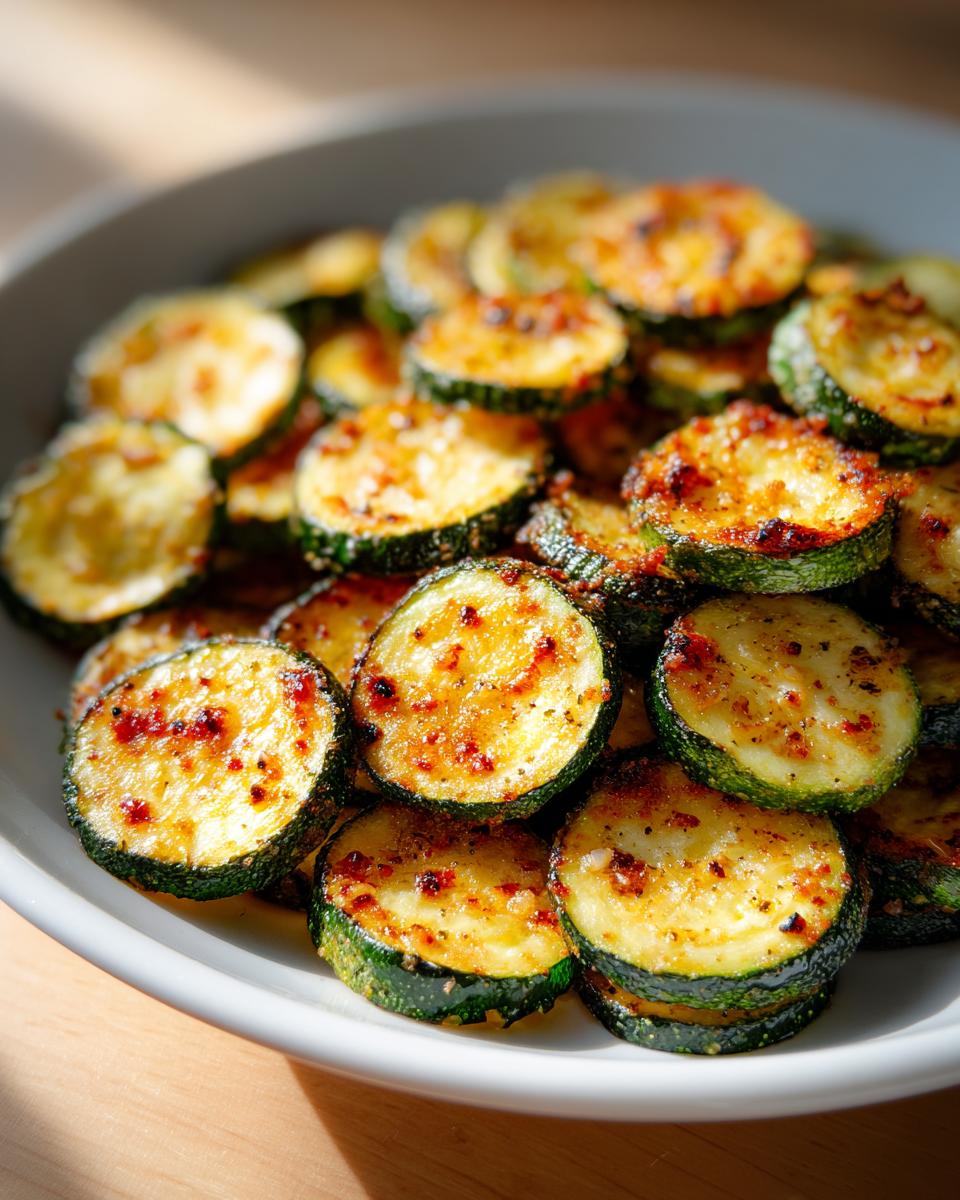 Close-up of perfectly cooked Air Fryer Zucchini Crisps, seasoned and piled high in a white bowl.