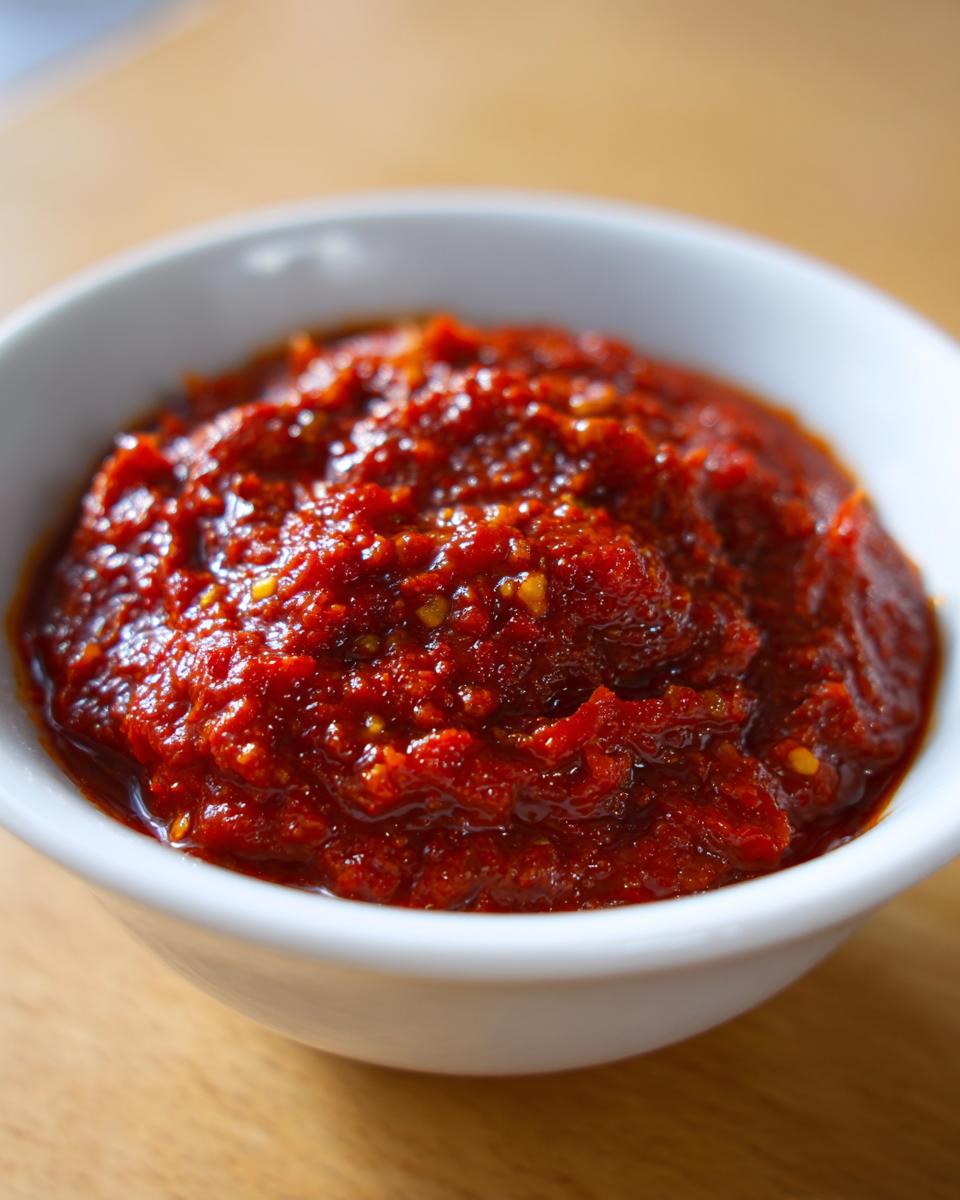 Close-up of a white bowl filled with vibrant, chunky Ajvar Roasted Red Pepper Spread.