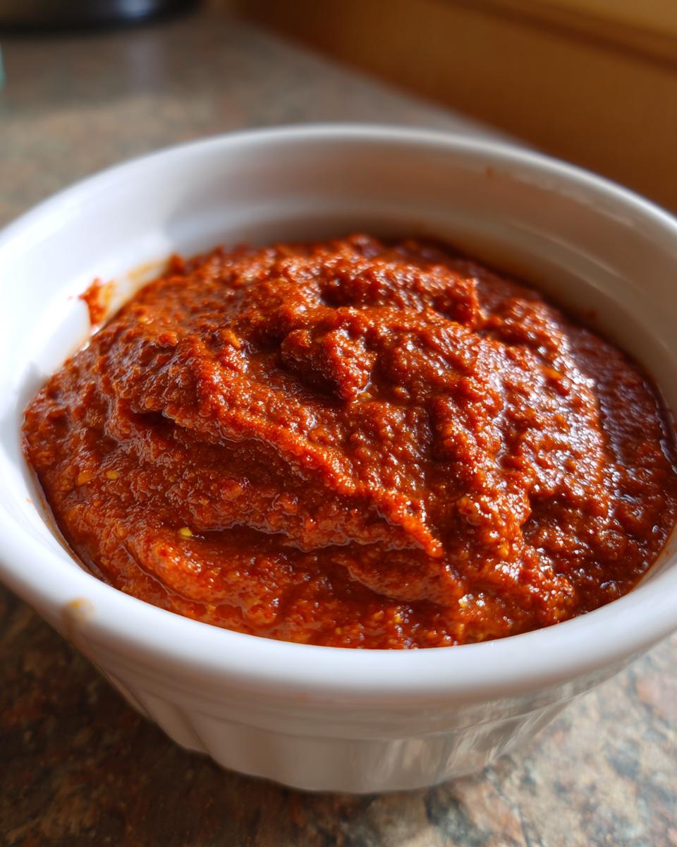 Close-up of thick, vibrant red Ajvar Roasted Red Pepper Spread served in a small white bowl.
