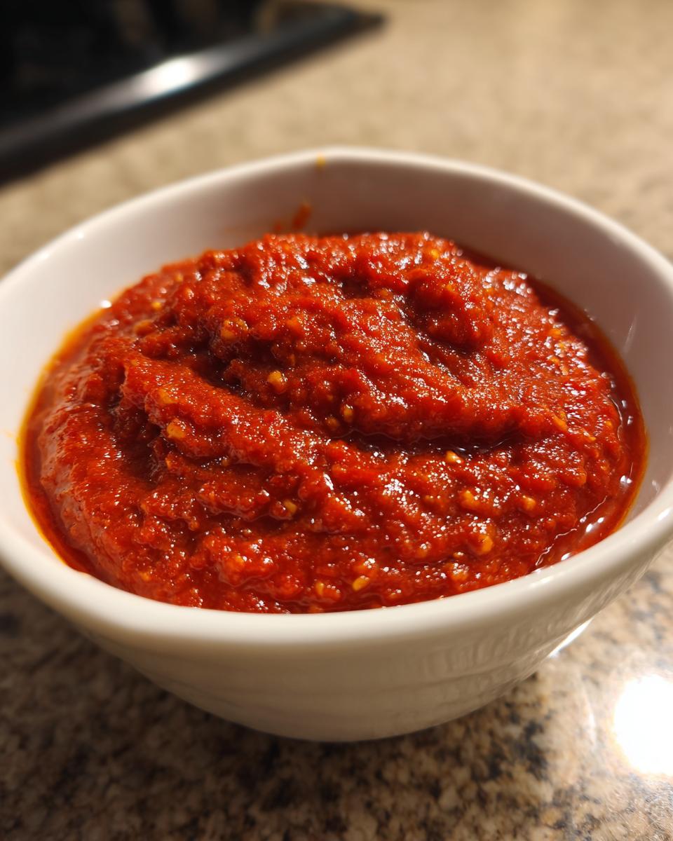 Close-up of vibrant red, slightly chunky Ajvar Roasted Red Pepper Spread served in a small white bowl.