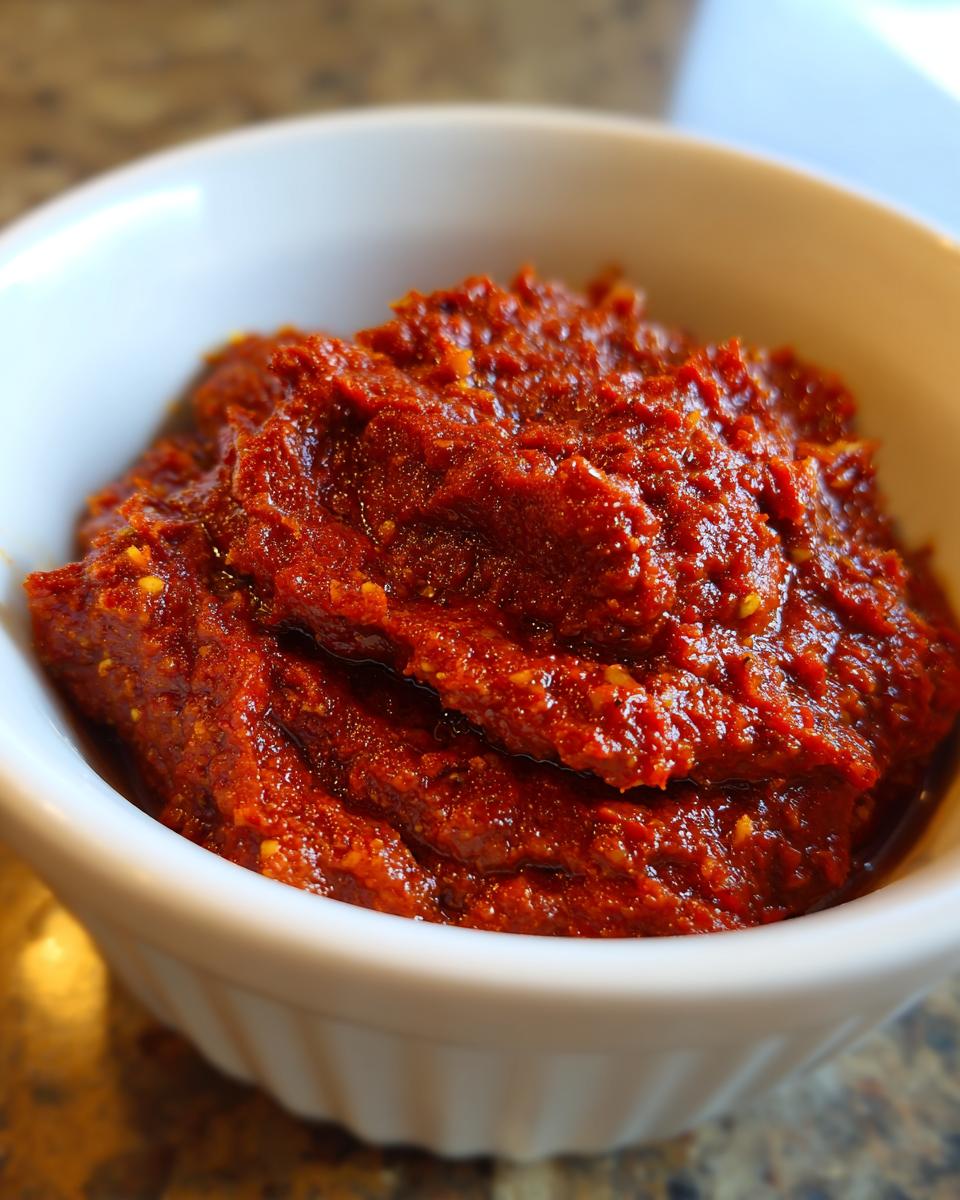 Close-up of thick, deep red Ajvar Roasted Red Pepper Spread served in a small white ramekin.