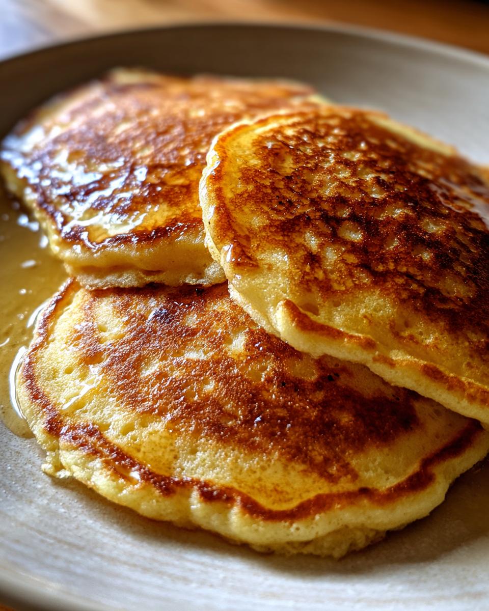 Close-up of three fluffy Almond Flour Pancakes stacked and drizzled with syrup on a light-colored plate.