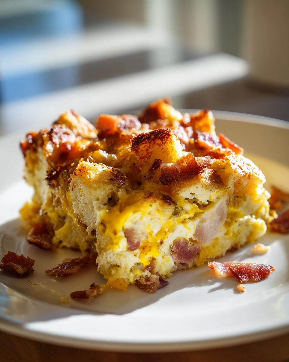 A close-up of a square serving of Bacon And Eggs Breakfast Bake on a white plate.
