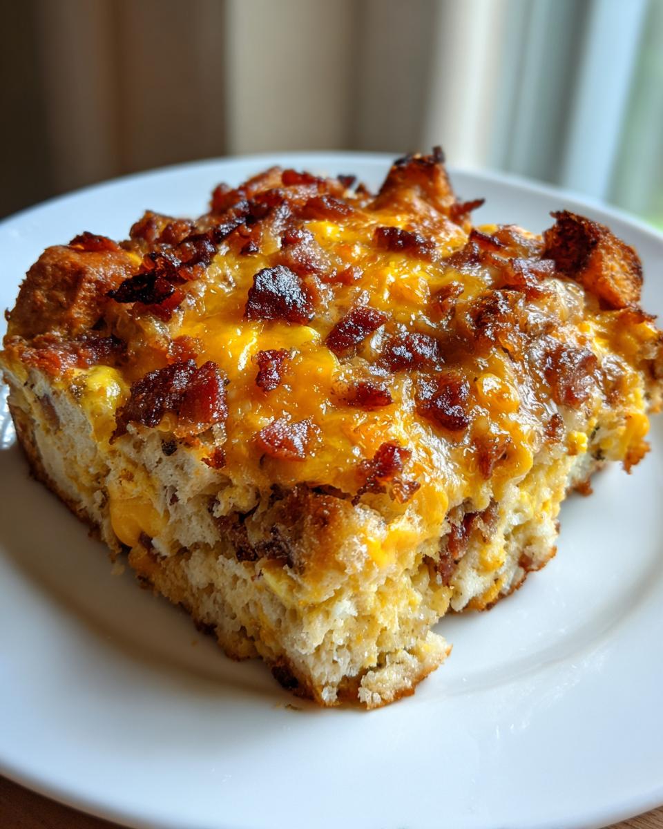A thick, golden slice of Bacon And Eggs Breakfast Bake topped with melted cheese and crispy bacon bits.