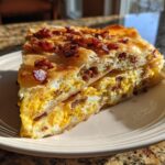 Two stacked slices of Bacon And Eggs Phyllo Breakfast Pizza showing flaky layers and scrambled eggs.