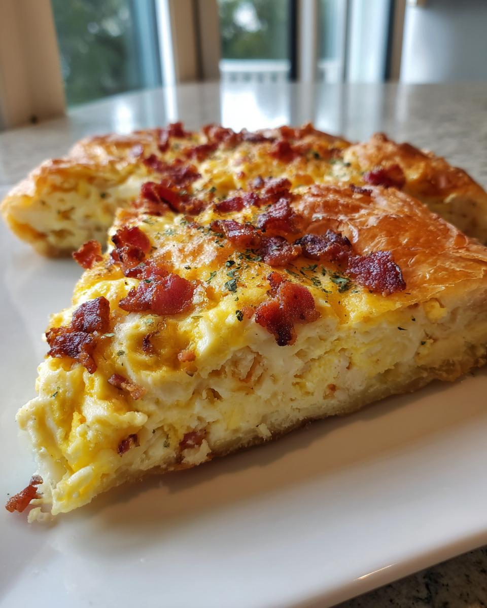 A close-up slice of Bacon And Eggs Phyllo Breakfast Pizza showing fluffy eggs and crispy bacon on a white plate.