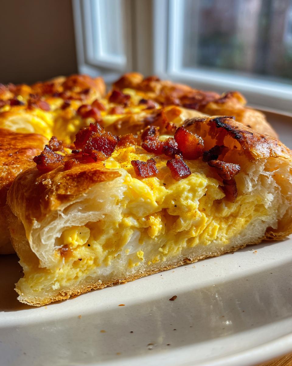 Close-up of a slice of Bacon And Eggs Phyllo Breakfast Pizza showing fluffy eggs and crispy bacon on flaky pastry.