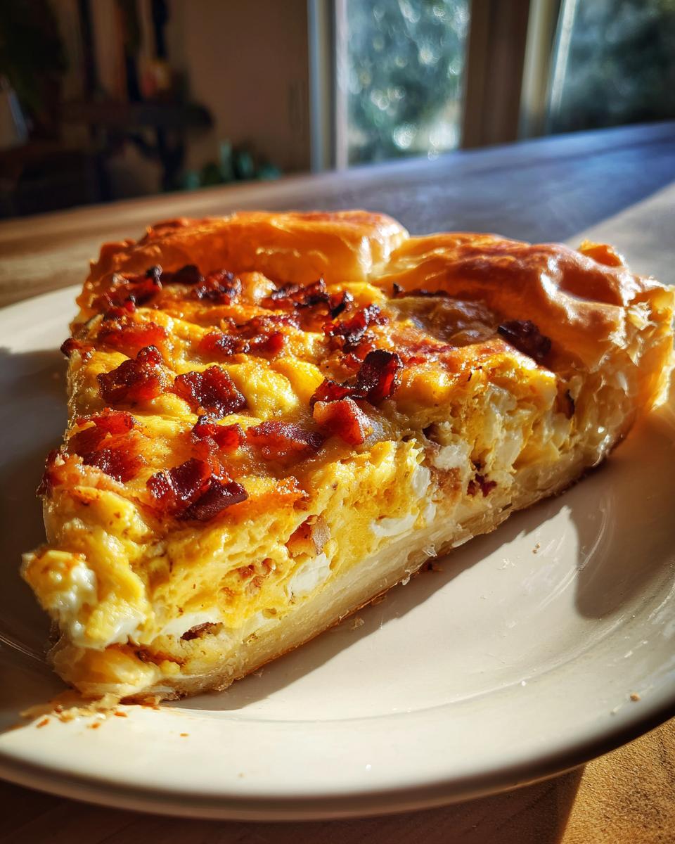 A close-up, sunlit slice of Bacon And Eggs Phyllo Breakfast Pizza showing flaky crust and egg filling with bacon bits.