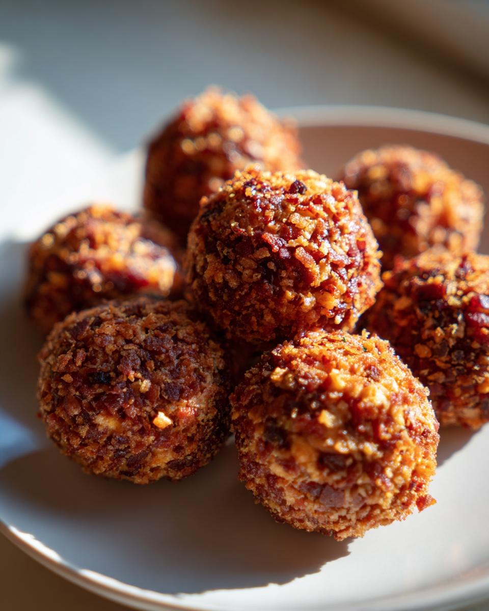 A close-up of several crispy Bacon Chive Cheese Balls coated in bacon bits, stacked on a light-colored plate.
