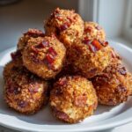 A mound of golden-brown, crispy Bacon Chive Cheese Balls topped with visible bacon pieces on a white plate.