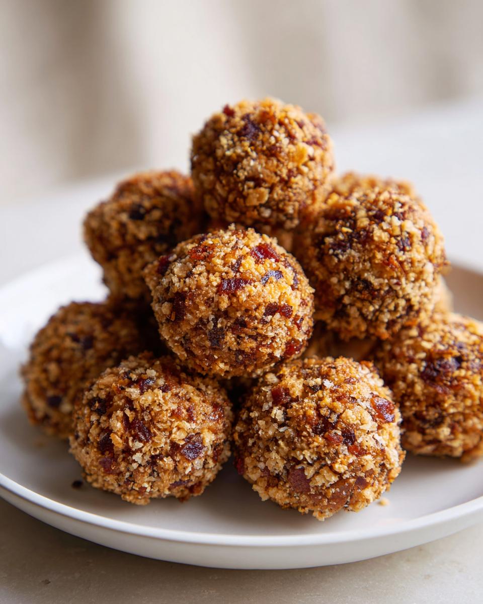 A stack of golden brown Bacon Chive Cheese Balls coated in crunchy bacon bits and crumbs on a white plate.