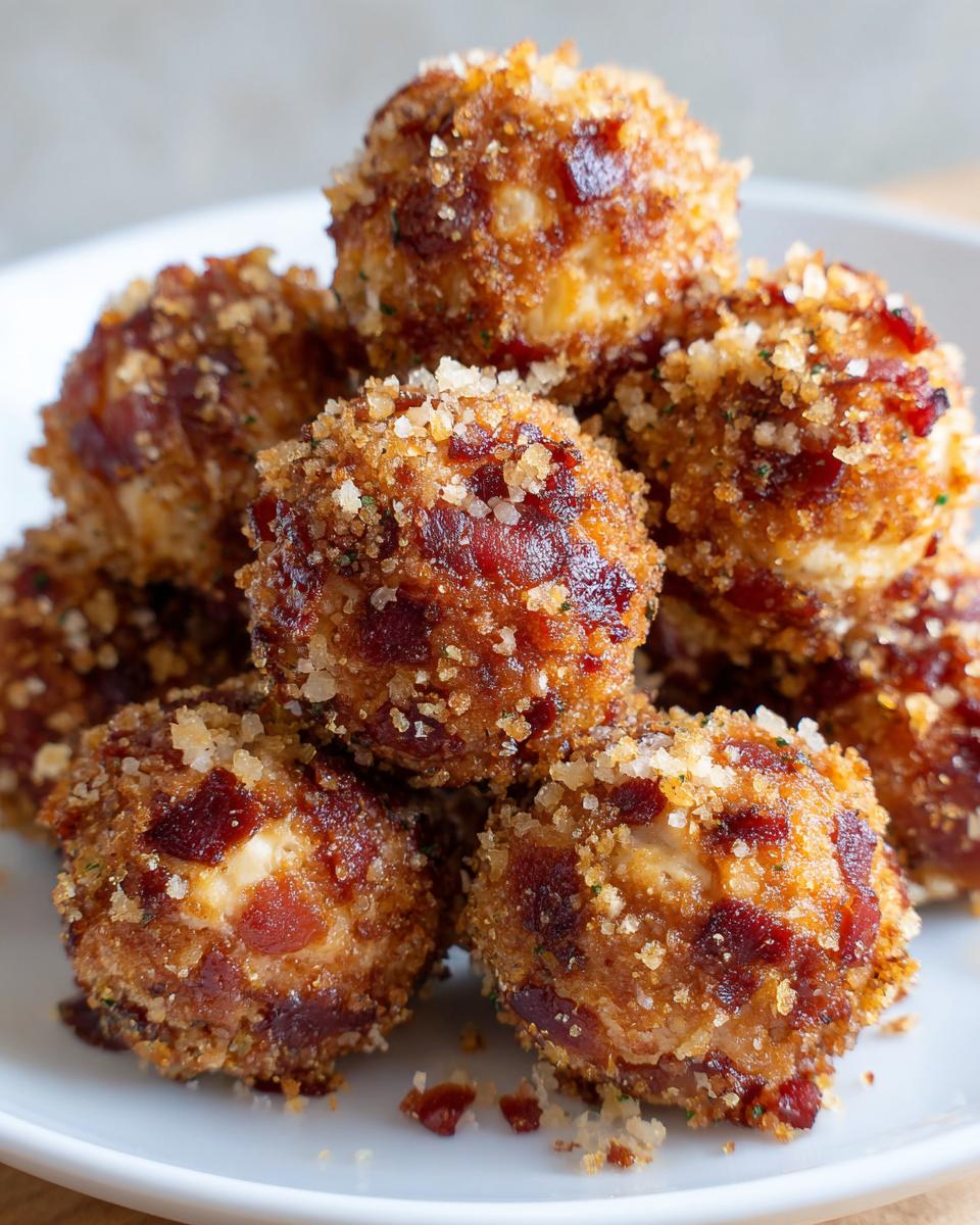 A close-up stack of golden-brown Bacon Chive Cheese Balls coated in crispy bacon bits and breadcrumbs.