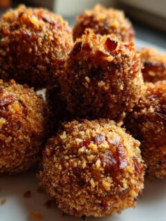 A close-up stack of crispy, golden-brown Bacon Chive Cheese Balls on a white plate.