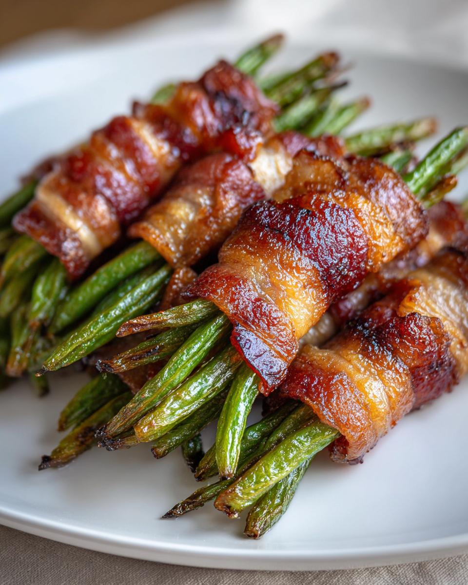 Close-up of crispy, caramelized Bacon Wrapped Green Beans bundles served on a white plate.