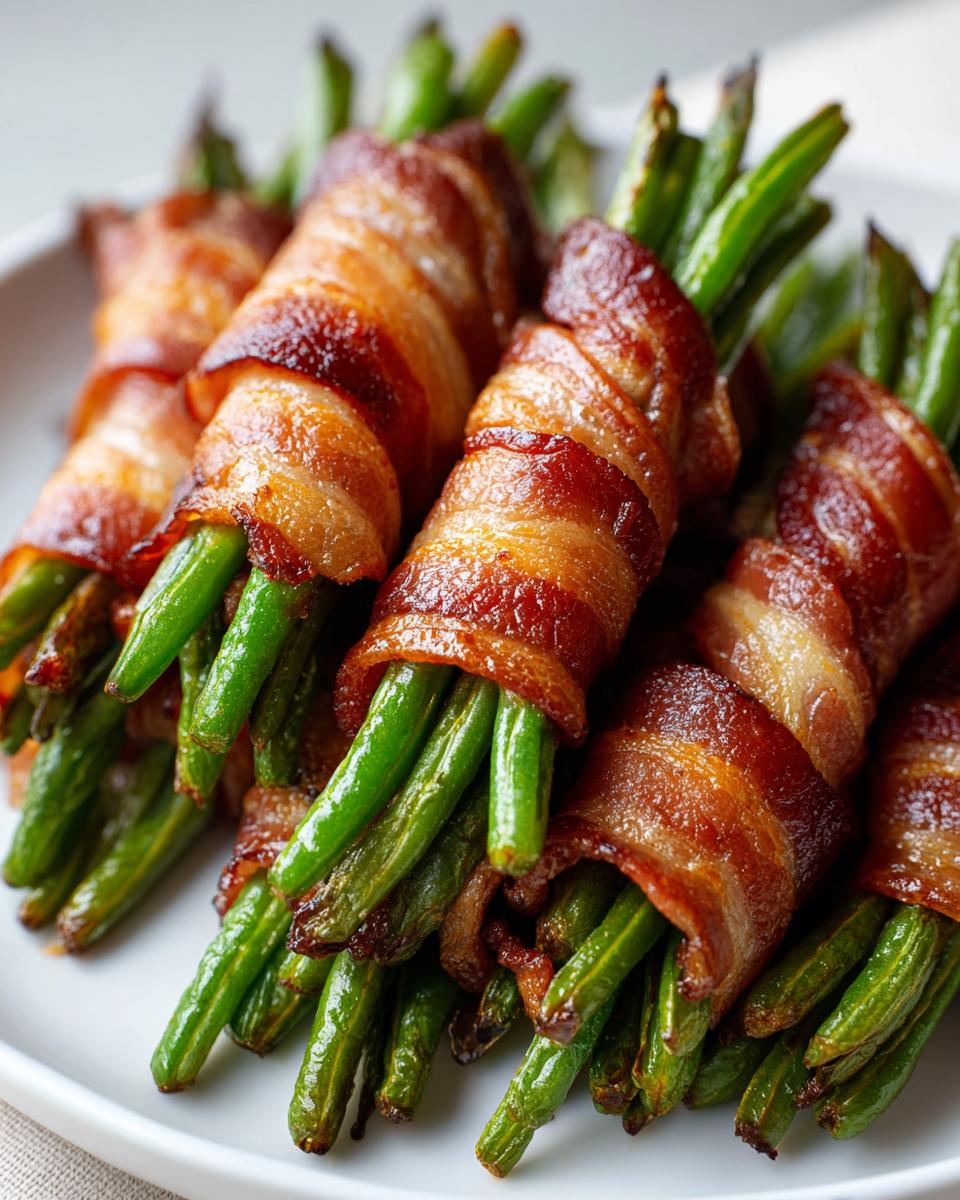Close-up of several bundles of crispy Bacon Wrapped Green Beans served on a white plate.