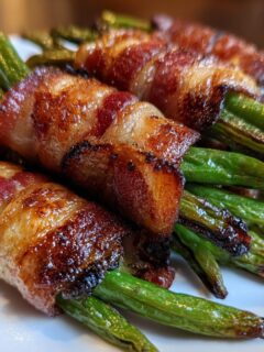 Close-up of crispy, caramelized Bacon Wrapped Green Beans bundles served on a white plate.