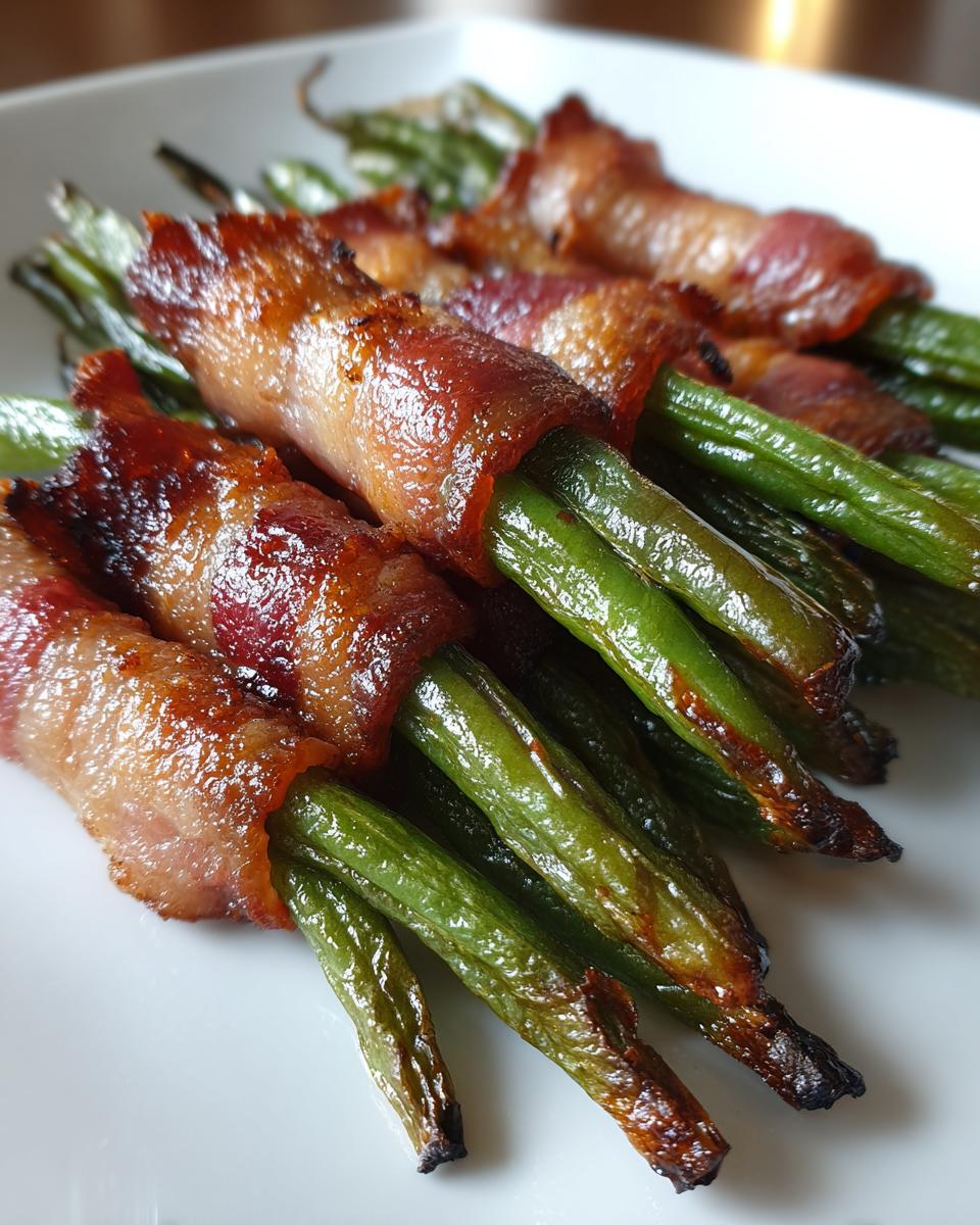 Close-up of crispy, glazed bacon wrapped around bright green beans, ready to serve.
