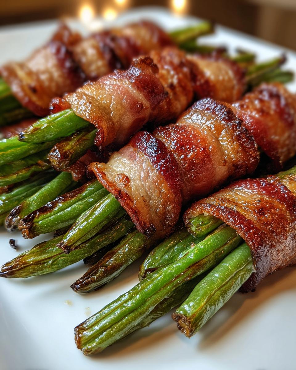 Close-up of crispy, glazed Bacon Wrapped Green Beans bundles served on a white platter.