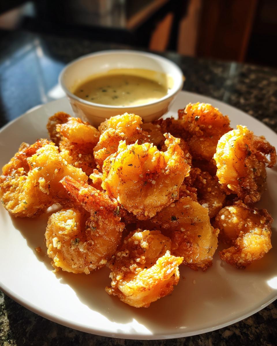 A plate piled high with golden, crispy Baked Batter Fried Shrimp served with a small bowl of creamy garlic dipping sauce.